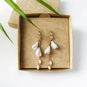 Bridal earrings with flowers, Long wedding flower earrings, White floral drop earrings, Wedding dangle earrings image 10