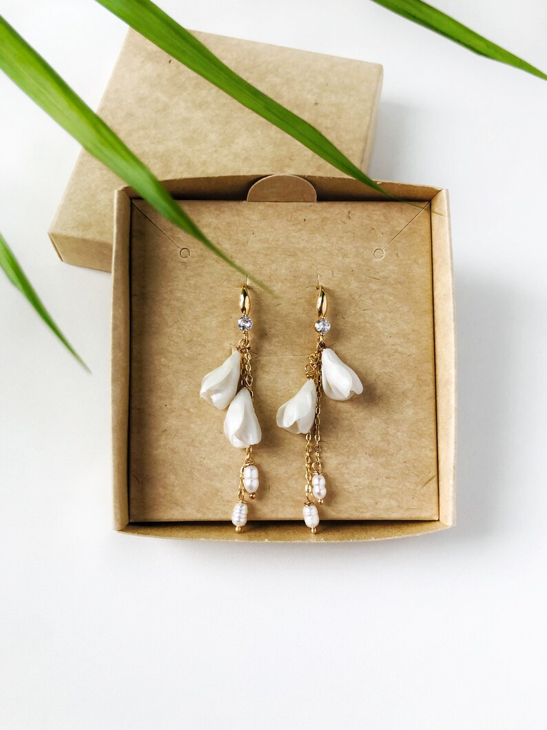 Bridal earrings with flowers, Long wedding flower earrings, White floral drop earrings, Wedding dangle earrings image 10