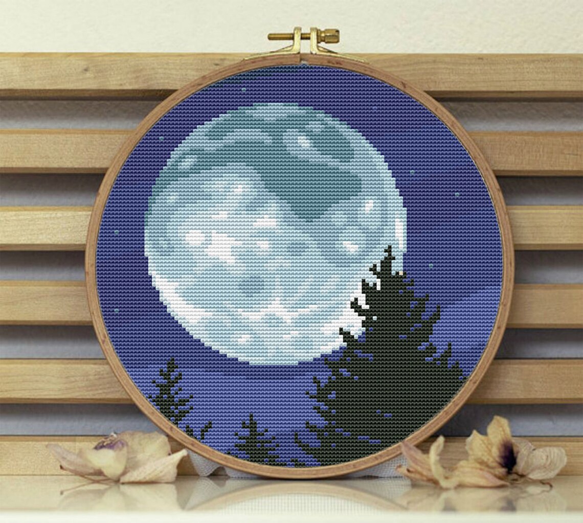 Moon cross stitch pattern landscape wall art Night forest Etsy