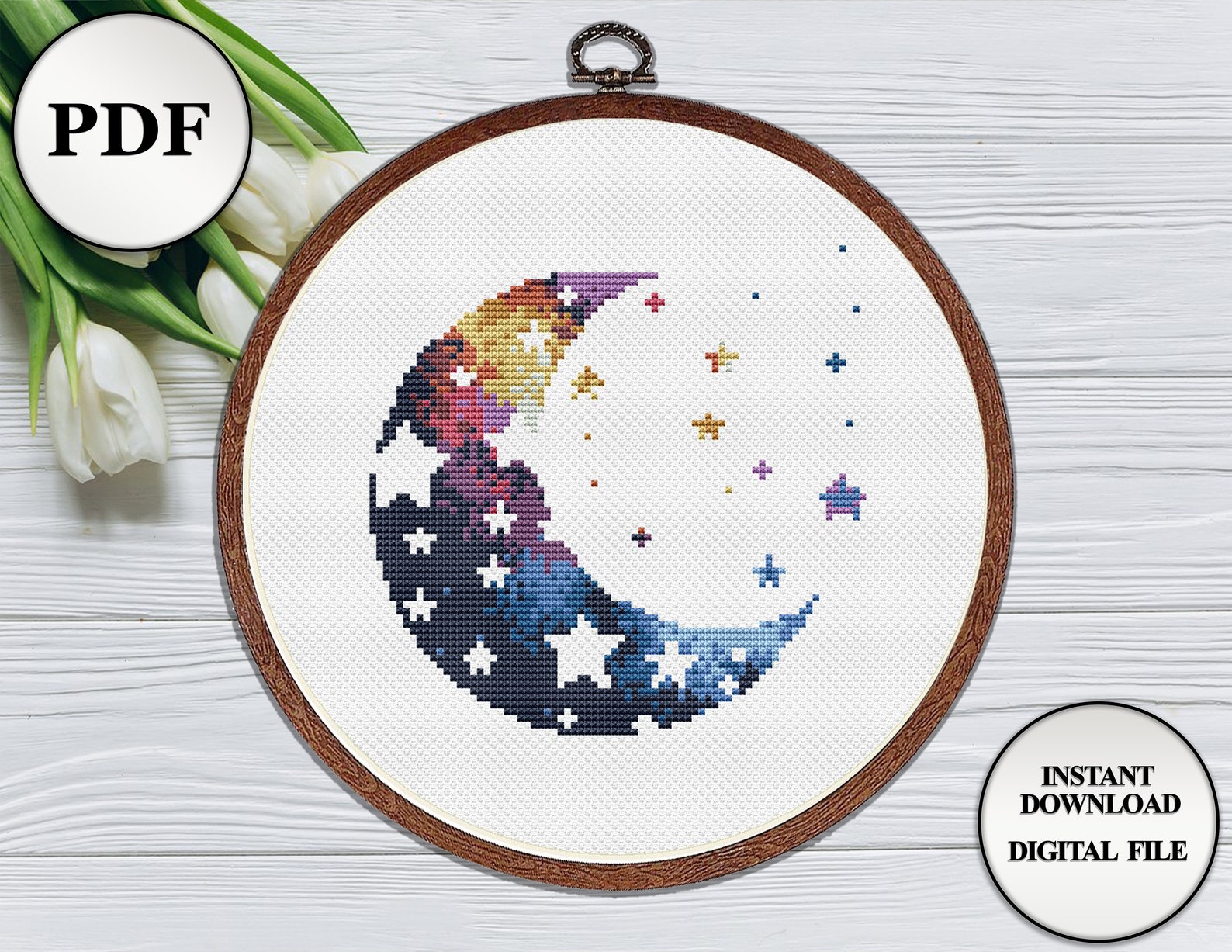Funny crescent cross stitch pattern moon and stars Nursery Etsy