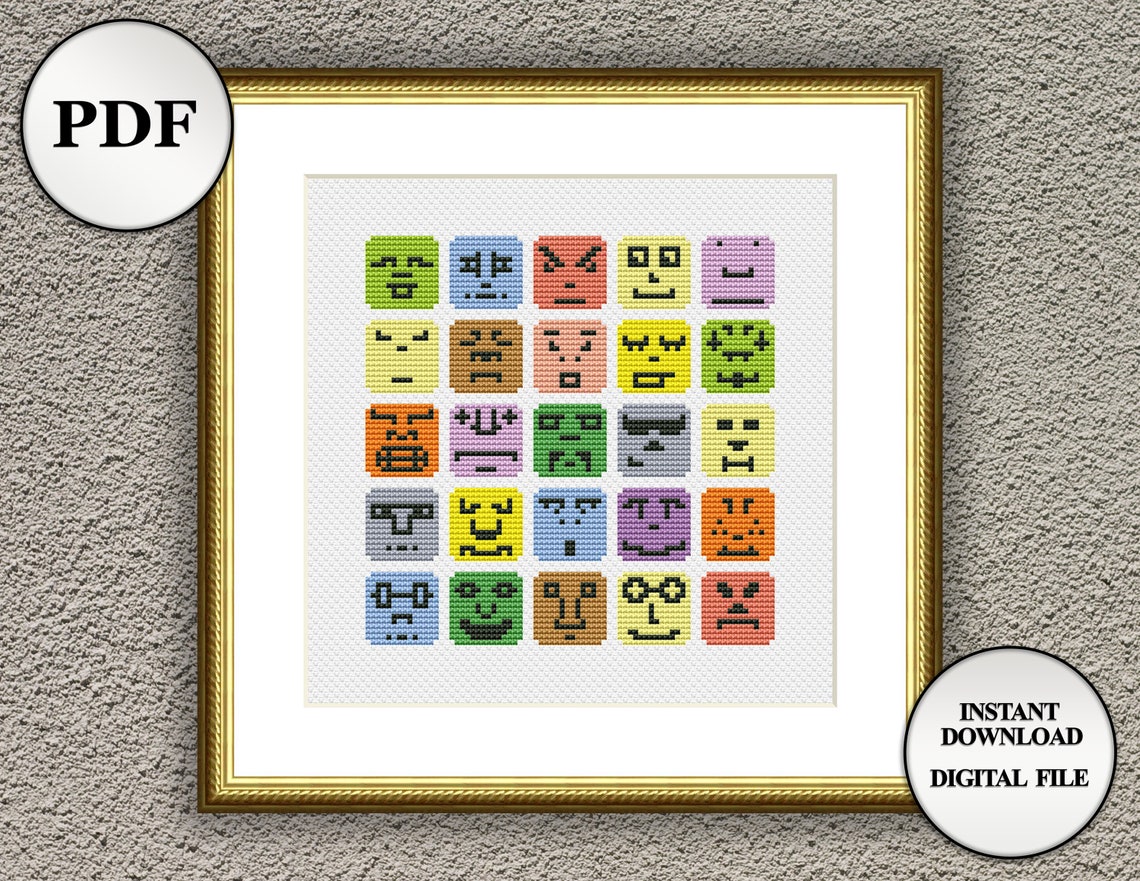 Square Emoji faces cross stitch pattern Geometric set smiley | Etsy