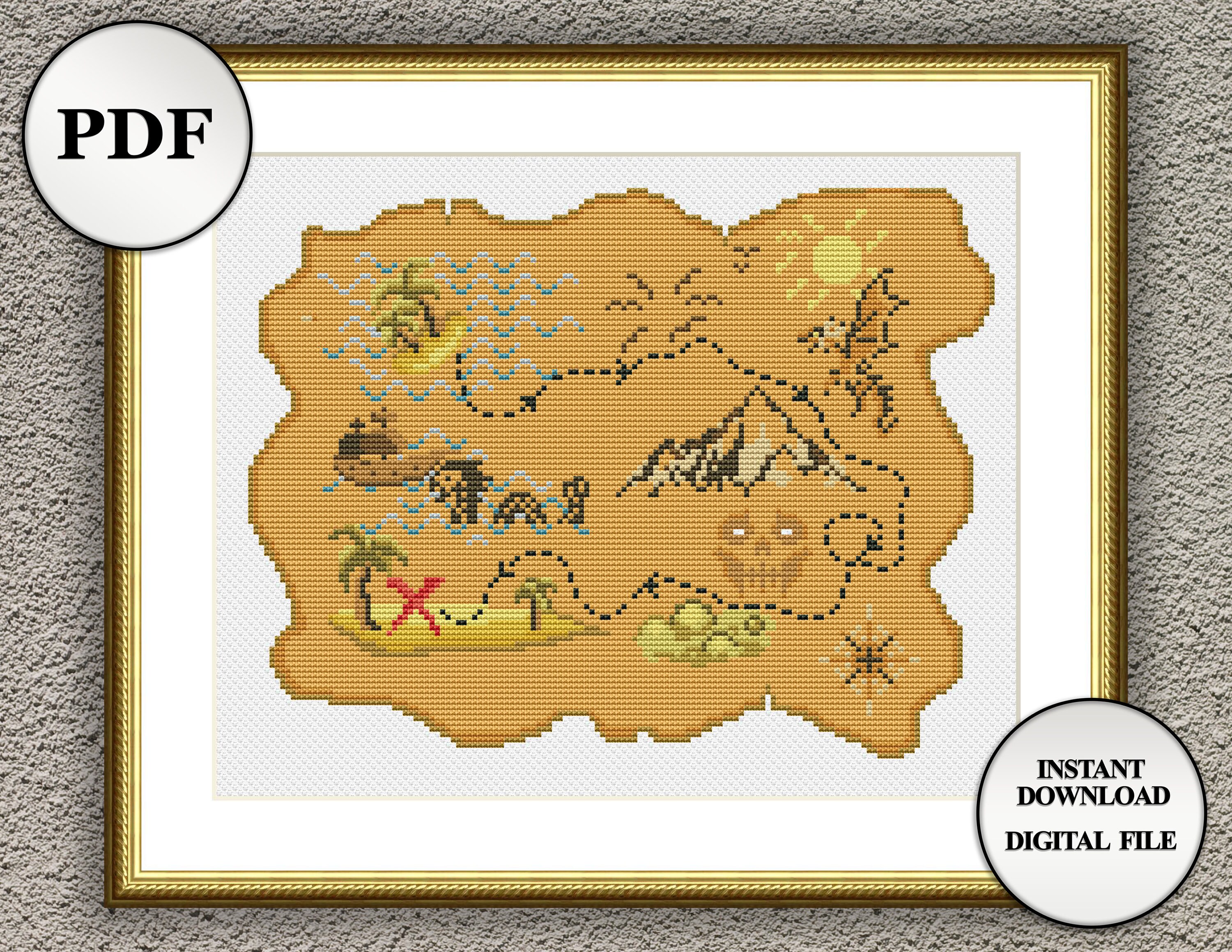 Old treasure map cross stitch pattern wall art PDF vintage | Etsy