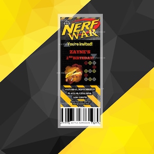 Editable Nerf War Ticket Birthday Party Invitation Boys Age 1 2 3 4 5 6 7 8 9 10 11 12 13 Battle Ground Kids Template Dart Digital Download