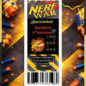 Invitación de cumpleaños de Nerf War, plantilla de boleto editable (descarga digital)