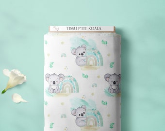 PRÉCOMMANDE Tissu coton premium p'tit koala, motif koala arc en ciel vert d'eau menthe