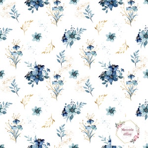 PREORDER exclusive premium cotton sateen fabric with blue peerage, flowers, blue and gold oeko tex patterns