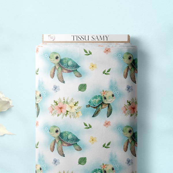 PRECOMMANDE Tissu coton premium motif EXCLUSIF samy tortue, Martinique, mer