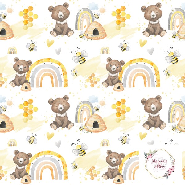 PRECOMMANDE Tissu satin de coton premium, motif EXCLUSIF Maya, abeilles, ours, miel