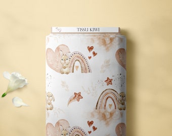 PRÉCOMMANDE Tissu coton oeko-tex motifs exclusifs lapin kiwi, Camel coeur, beige