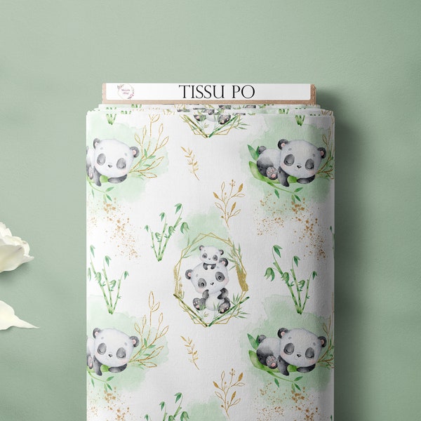 PRÉCOMMANDE Tissu coton premium, motif EXCLUSIF panda PO, bambou, doré