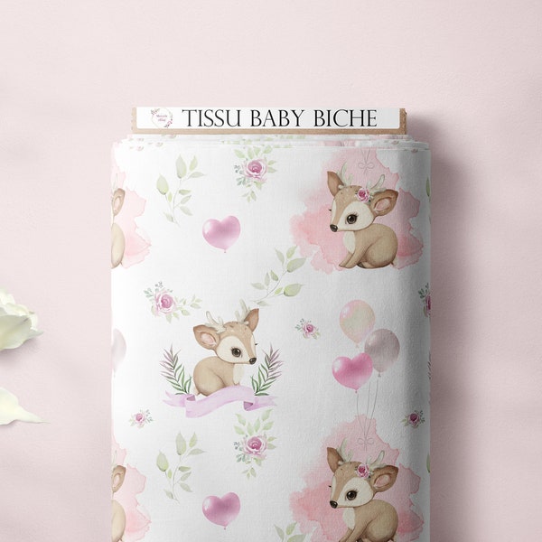 PRECOMMANDE Tissu EXCLUSIF coton premium motif baby biche, ballons, fleurs