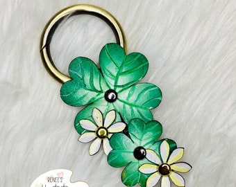 Leather Shamrock and Daisy Handbag Charm, Handpainted