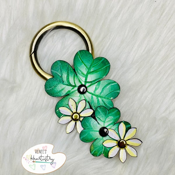 Leather Shamrock and Daisy Handbag Charm, Handpainted