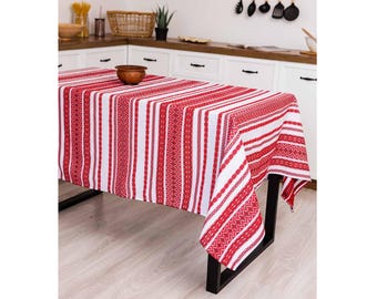 Handmade Ukrainian Tablecloth, Red Carpathian Ornament, Eco Decor