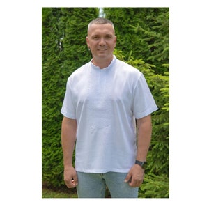 Linen men&#39;s white embroidered shirt with short sleeves. White embroidery on a white background. Euro sizes S-5XL + a gift from Ukraine