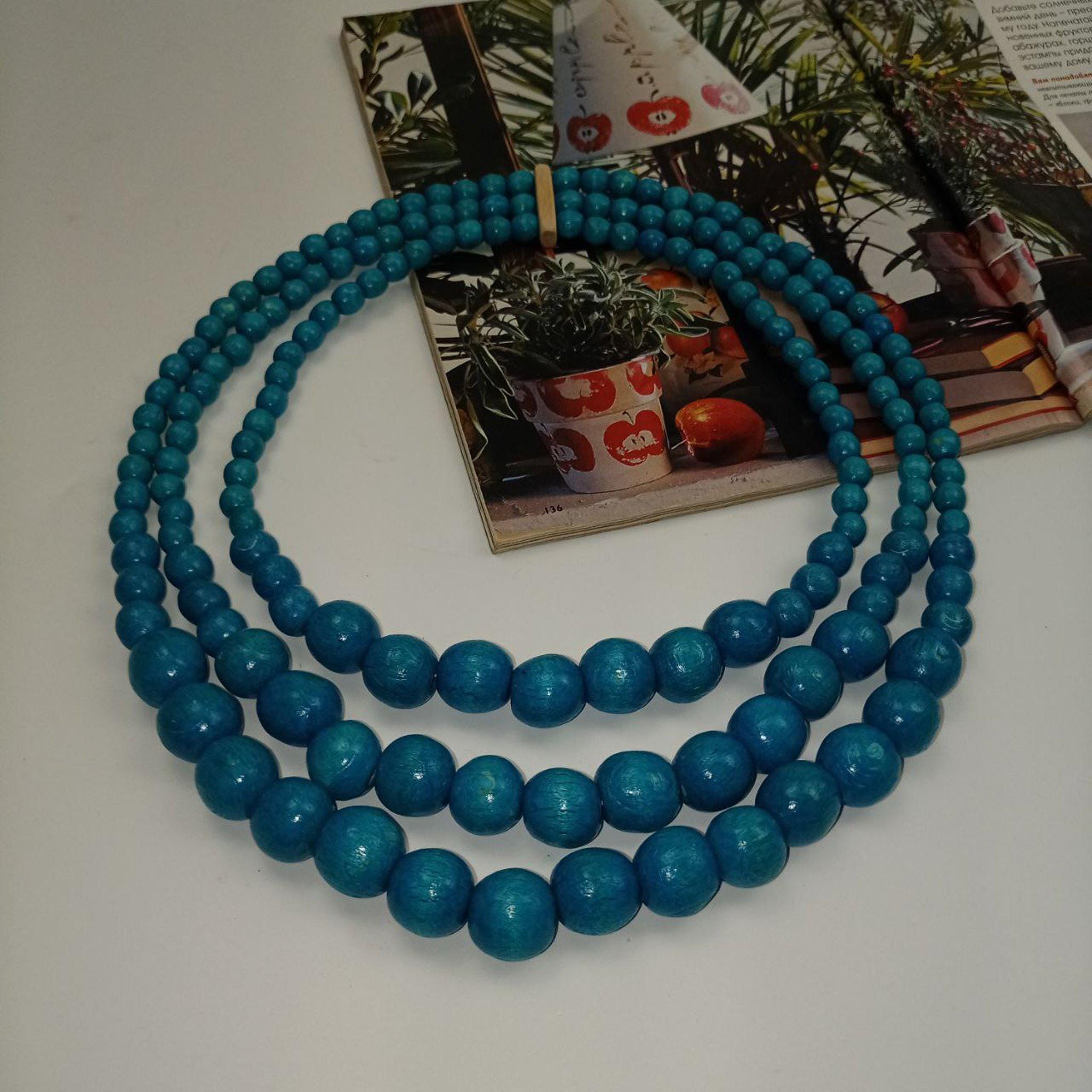 Three-row blue Ukrainian handmade necklace made of natural beech in a gift box. Eco-friendly jewelry for women + surprise gift from Ukraine