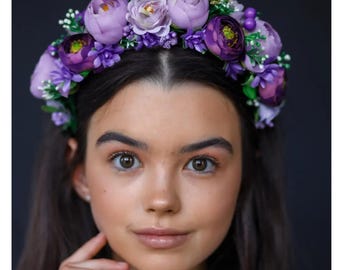 Purple Lilac Flower Crown, Boho Floral Headband, Handmade Ukrainian Wreath