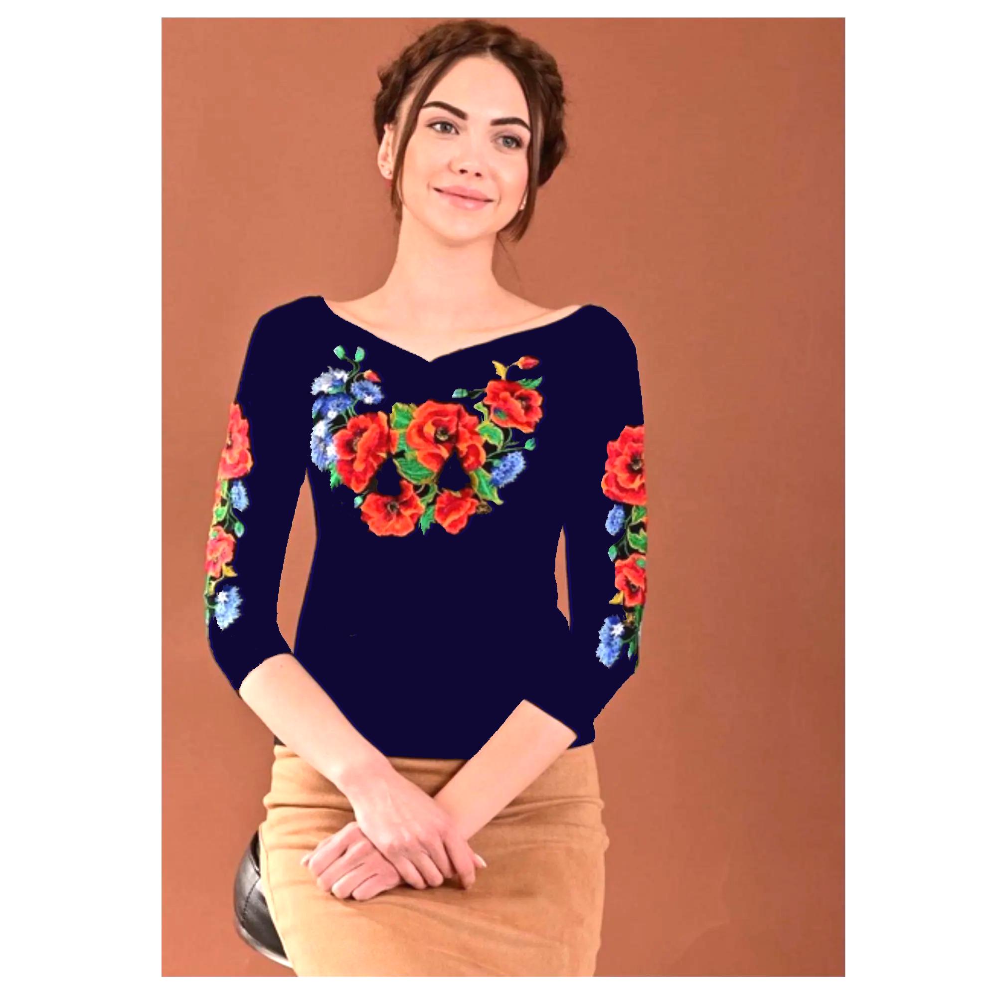 Women's Embroidered T-shirt With Floral Embroidery, 3/4 Sleeves