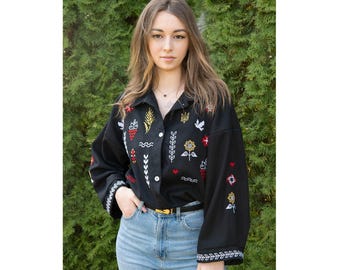 Black Linen Ukrainian Embroidered Blouse, Symbolic Design
