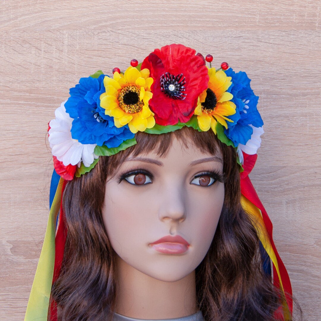 Ukrainian Flower Crown With Ribbons of Wild Flowers Poppies Etsy