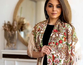Large Ukrainian Floral Shawl, Wool Blend Boho Scarf with Fringe