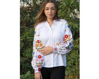 Linen Embroidered Blouse: White Floral Designer Vyshchyvanka