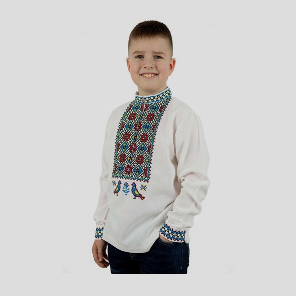 Chemise en lin ukrainienne blanche avec broderie de marque pour garçons de 5 à 15 ans. Vêtements ethniques modernes + cadeau d'Ukraine