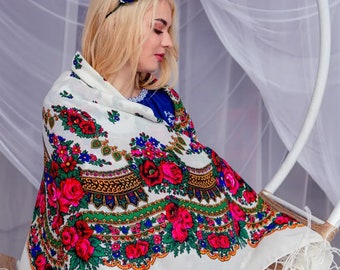 Grand châle floral ukrainien, écharpe avec franges
