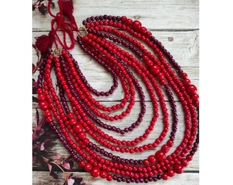 Natural Wood Beaded Necklace: Red Burgundy Ethnic Ukrainian Jewelry