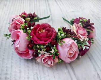 Couronne de fleurs ukrainiennes de fleurs bordeaux et rose clair. Fait main. Accessoire pour cheveux de l'auteur. Décoration originale + cadeau d'Ukraine