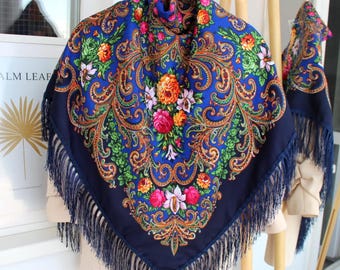 Blue Floral Ukrainian Scarf Shawl, Folk Style