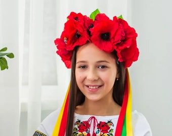 Traditional Ukrainian flower crown of large red poppies Decorated with ribbons Size for children and adults Tiara+surprise gift from Ukraine