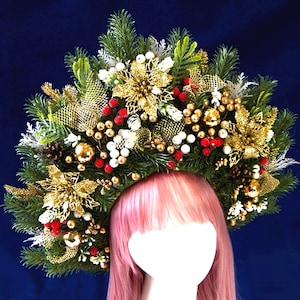 Ukrainian crown-kokoshnik with winter motifs: Christmas tree branches, viburnum berries, Christmas gold and red decorations, cones + gift
