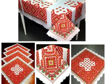 Nappe blanche élégante avec ornement ethnique ukrainien pour une table rectangulaire Il existe des tailles Traditions nationales + 4 serviettes en cadeau