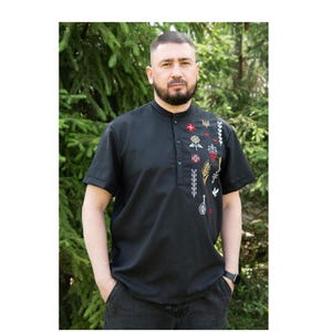 Black Ukrainian Embroidered Men&#39;s Shirt - Linen Vyshyvanka with Designer Embroidery - Men&#39;s Summer Clothing + Surprise Gift