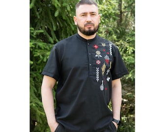 Black Linen Ukrainian Embroidered Shirt – Handmade Vyshyvanka