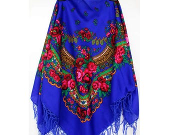 Bright Blue Ukrainian Scarf, Floral Boho Shawl, Folk Head Wrap