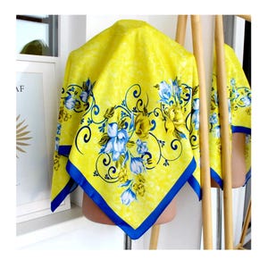 Ukrainian silk square yellow scarf with blue flowers in a gift box. Trend. Shawl. Women&#39;s accessory + gift from Ukraine