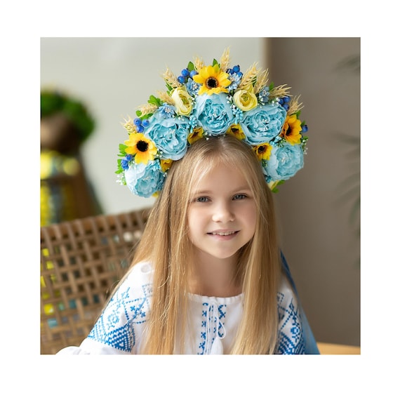 Ukrainian Flower Crown: Blue & Yellow Floral Headband With  display picture 3