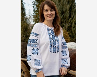 White Linen Ukrainian Vyshyvanka Blouse, Light Blue Embroidery