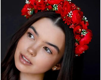 Handmade Red Flower Crown, Ukrainian Hair Wreath, Vyshyvanka Headpiece
