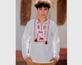 Ukrainian white linen vyshyvanka shirt for teenage boys aged 10-14 Shirt made of natural linen with military embroidery like Zelensky's+gift