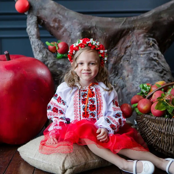 Children's costume with red-black traditional Ukrainian embroidery for girls 2-11 years old Blouse with embroidery + skirt+gift