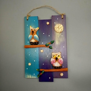 Handmade Wooden & Ceramic Wall Art/Owls on a Branch/Night Sky Decor/ Rustic Home Accent/Unique Gift/  Natural Materials/ Whimsical Owl Panel
