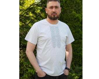 Men's Ukrainian Embroidered T-Shirt, Natural Cotton