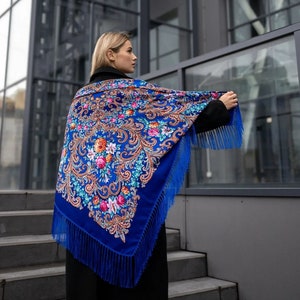 Large beautiful Ukrainian blue shawl with fringe boho style Square blue scarf with flowers and ornaments Gift for woman + gift from Ukraine