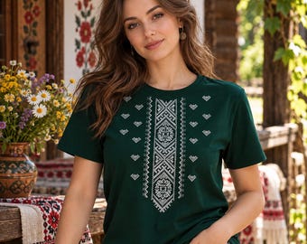 May include: A dark green short-sleeved t-shirt featuring a white geometric cross-stitch pattern centered on the chest. The design consists of a vertical panel with intricate floral and diamond motifs flanked by smaller heart-shaped accents.