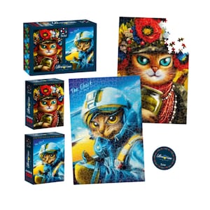 Juego de rompecabezas ucranianos: Gato con un tarro de pepinos y Gato fantasma de Kiev. Rompecabezas ucranianos históricos coleccionables + regalo sorpresa