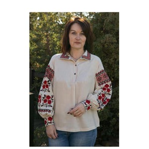 Linen Vyshyvanka Blouse: Red Rose Embroidery, Ukrainian Ethnic Shirt
