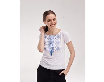Embroidered T-Shirt – Women's White Top, Blue Carpathian Ornament